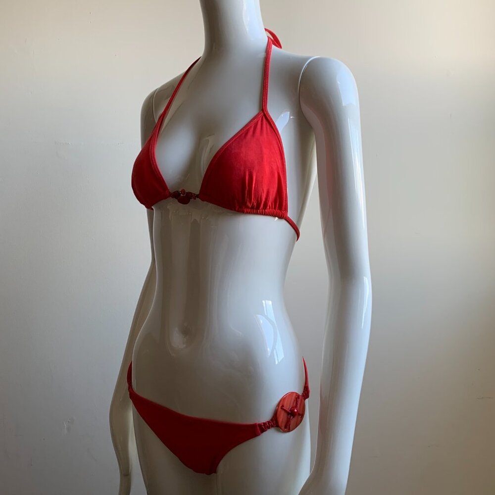 Sauvage california solid Red beaded shell side luxury bikini